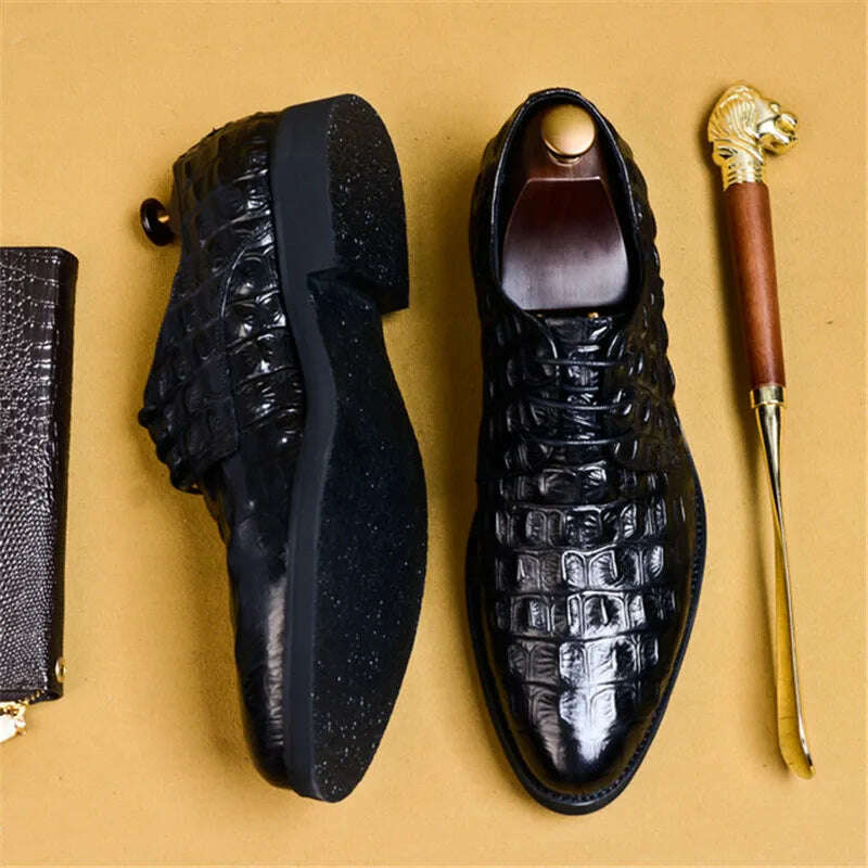 KIMLUD, Brand Full Grain Leather Business Men Dress Shoes Retro Crocodile Designer Nature Leather Oxford Shoes For Men Size EU 38-46, KIMLUD Womens Clothes