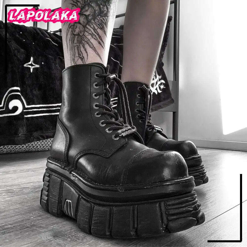 KIMLUD, Brand New Autumn Rock Ankle Boots Gothic Street Chunky Heels Platform Motorcycle Short Boots Female Matal Winter Shoes For Woman, KIMLUD Womens Clothes