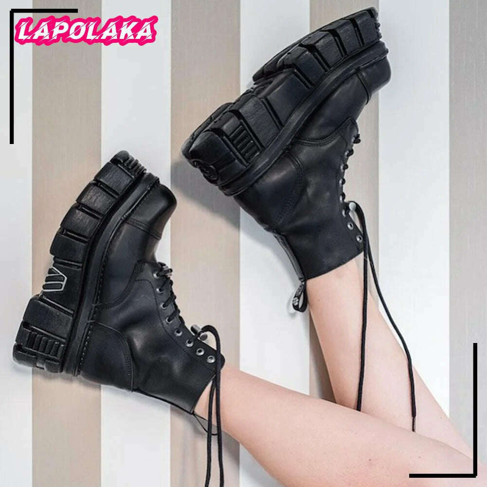 KIMLUD, Brand New Autumn Rock Ankle Boots Gothic Street Chunky Heels Platform Motorcycle Short Boots Female Matal Winter Shoes For Woman, KIMLUD Womens Clothes