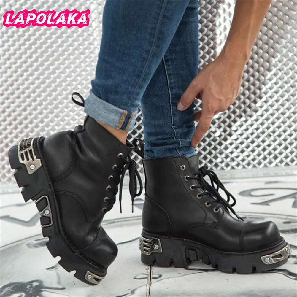 KIMLUD, Brand New Autumn Rock Ankle Boots Gothic Street Chunky Heels Platform Motorcycle Short Boots Female Matal Winter Shoes For Woman, KIMLUD Women's Clothes