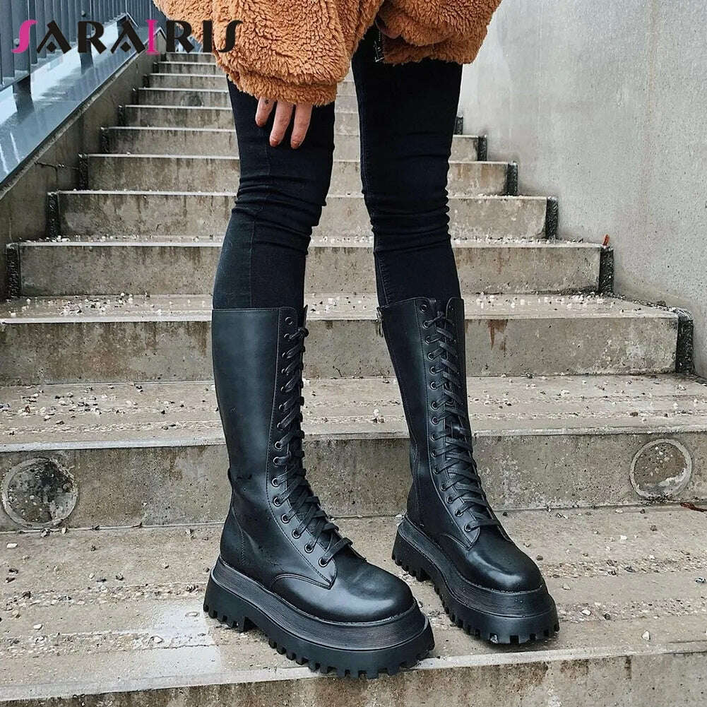 KIMLUD, Brand New Fashion Women Mid Calf Boots Flat Platform Chunky Heels Bottom  Female High Boots Autumn Fashion Goth Black Shoes, KIMLUD Womens Clothes