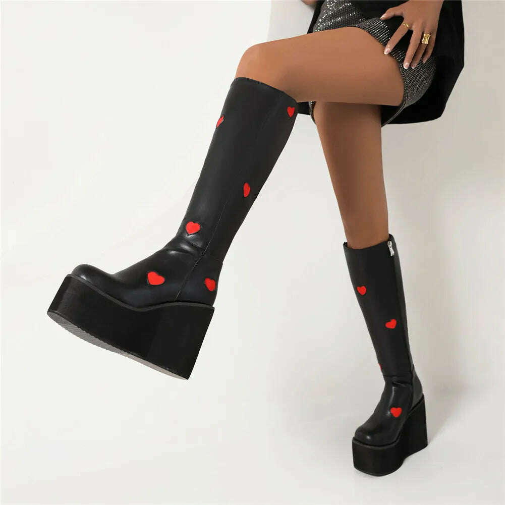 KIMLUD, Brand New Female Platform Knee High Boots Fashion Heart Wedges High Heels women&#39;s Boots 2022 Party Sweet Cool Goth Woman Shoes, KIMLUD Womens Clothes