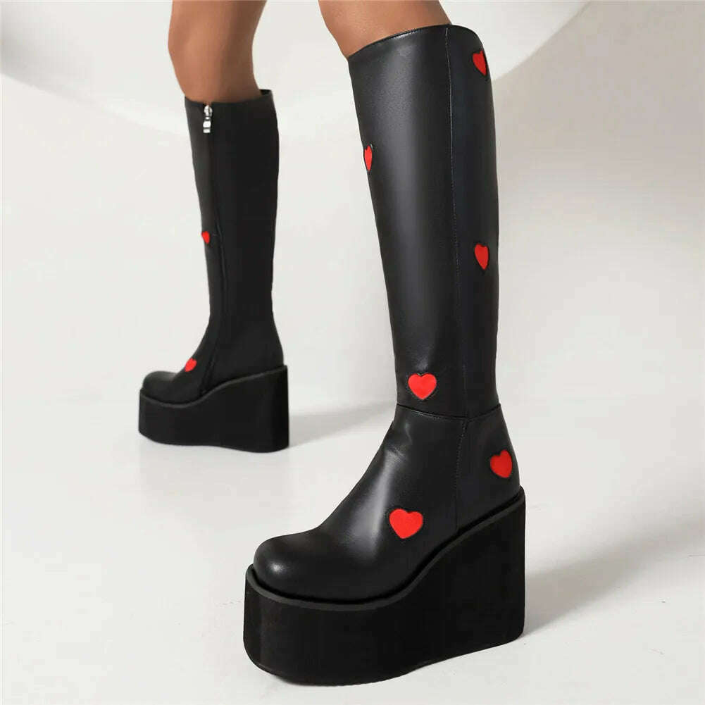 KIMLUD, Brand New Female Platform Knee High Boots Fashion Heart Wedges High Heels women&#39;s Boots 2022 Party Sweet Cool Goth Woman Shoes, KIMLUD Womens Clothes