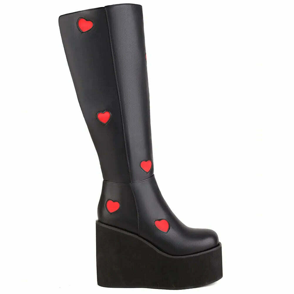 KIMLUD, Brand New Female Platform Knee High Boots Fashion Heart Wedges High Heels women&#39;s Boots 2022 Party Sweet Cool Goth Woman Shoes, KIMLUD Womens Clothes