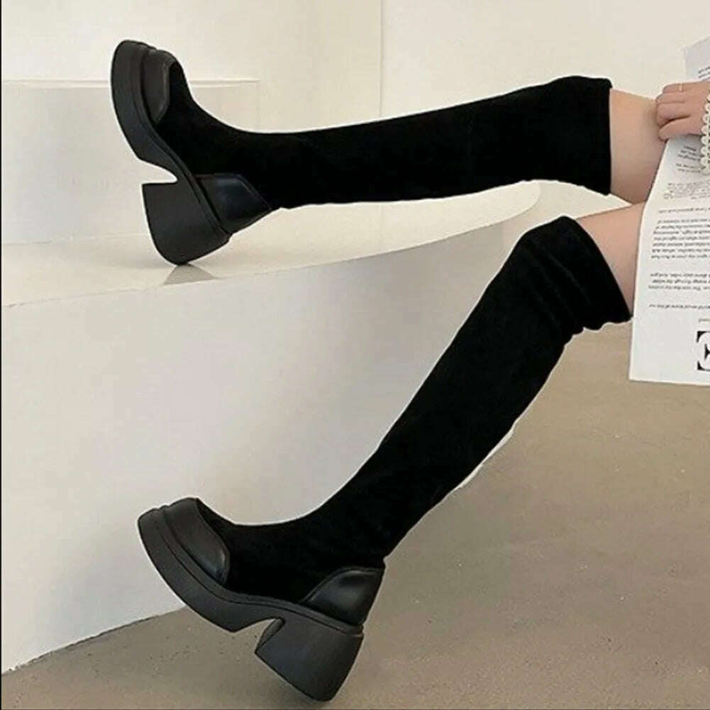 KIMLUD, Brand New Ladies Chunky High Heels Thigh High Boots Fashion Solid Platform women&#39;s Over The Knee Boots Casual Comfy Woman Shoes, black style 5 / 5, KIMLUD Womens Clothes