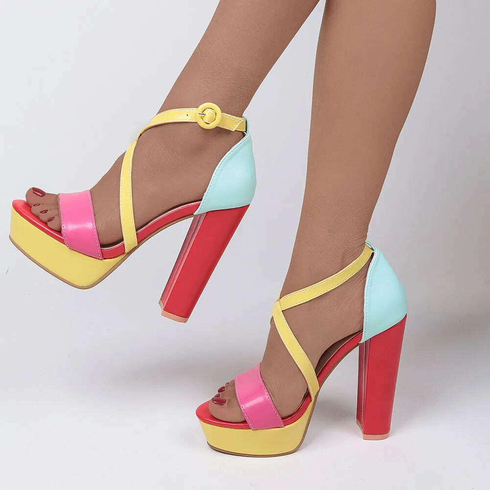 KIMLUD, Brand New Ladies Platform Summer Sandals Fashion Buckle Mixed Colors Thick High Heels women&#39;s Sandals Party Sexy Shoes Woman, Blue / 6, KIMLUD Women's Clothes