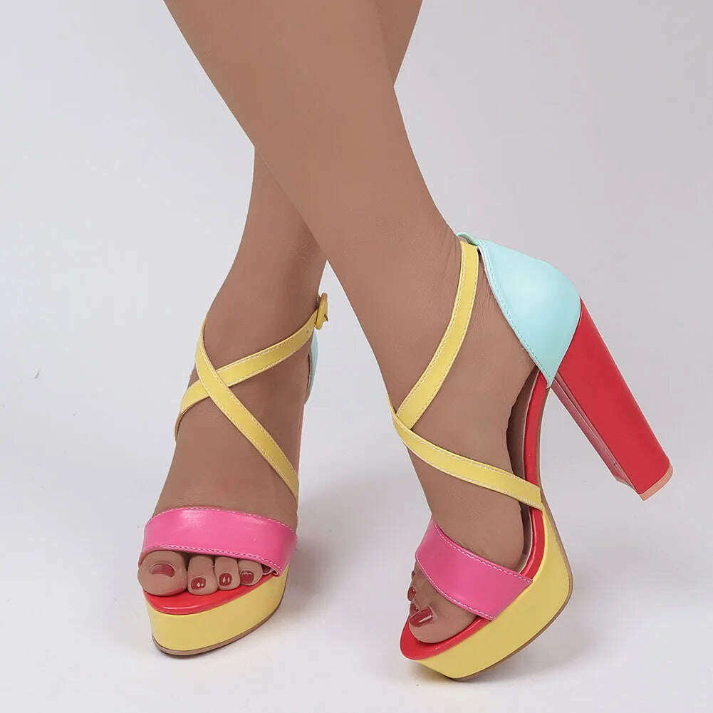 KIMLUD, Brand New Ladies Platform Summer Sandals Fashion Buckle Mixed Colors Thick High Heels women&#39;s Sandals Party Sexy Shoes Woman, KIMLUD Women's Clothes