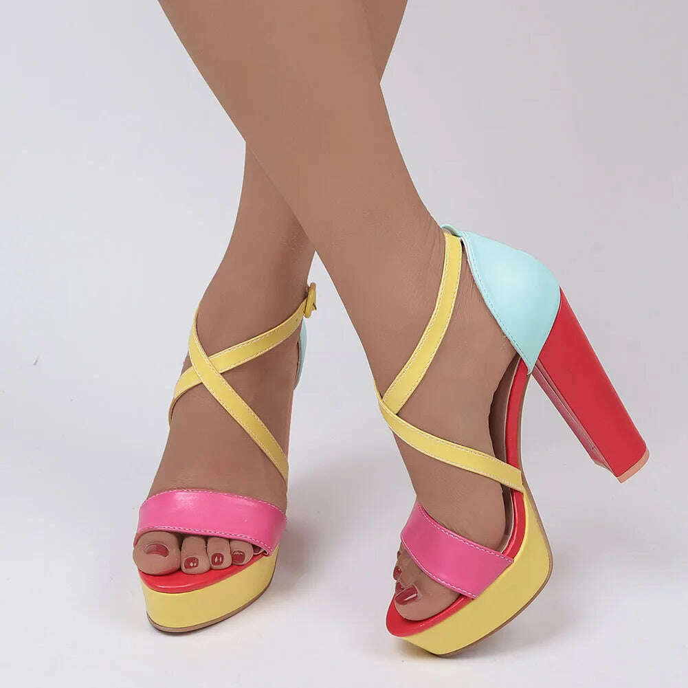 KIMLUD, Brand New Ladies Platform Summer Sandals Fashion Buckle Mixed Colors Thick High Heels women's Sandals Party Sexy Shoes Woman, KIMLUD Womens Clothes