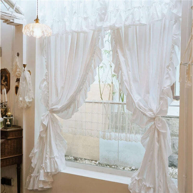 KIMLUD, Brand New Solid White Pure Cotton Curtains with Valance for Girl's Bedroom Handmade Princess Ruffle Cortinas Eco-friendly Fabric, KIMLUD Women's Clothes