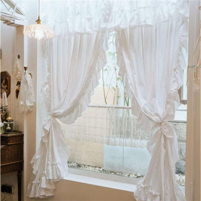 KIMLUD, Brand New Solid White Pure Cotton Curtains with Valance for Girl's Bedroom Handmade Princess Ruffle Cortinas Eco-friendly Fabric, KIMLUD Womens Clothes