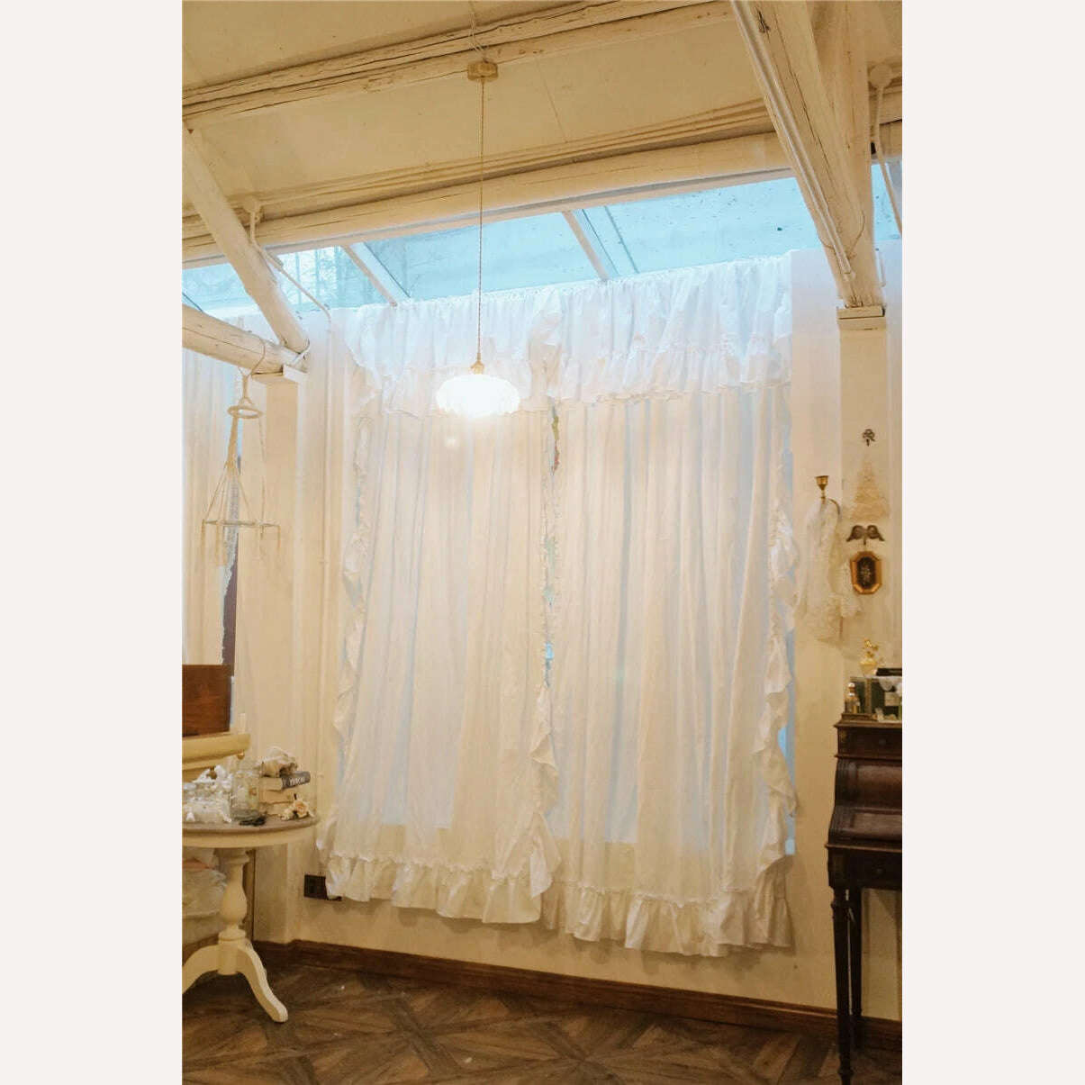 KIMLUD, Brand New Solid White Pure Cotton Curtains with Valance for Girl's Bedroom Handmade Princess Ruffle Cortinas Eco-friendly Fabric, KIMLUD Women's Clothes