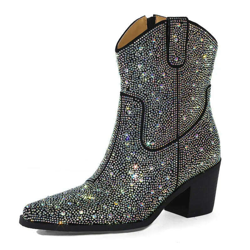 KIMLUD, Brand silvery Rhinestone Color Blocking Western Short Boots Autumn Winter New 7cm Thick Heel Black Chelsea Women Boots Size35-43, KIMLUD Women's Clothes