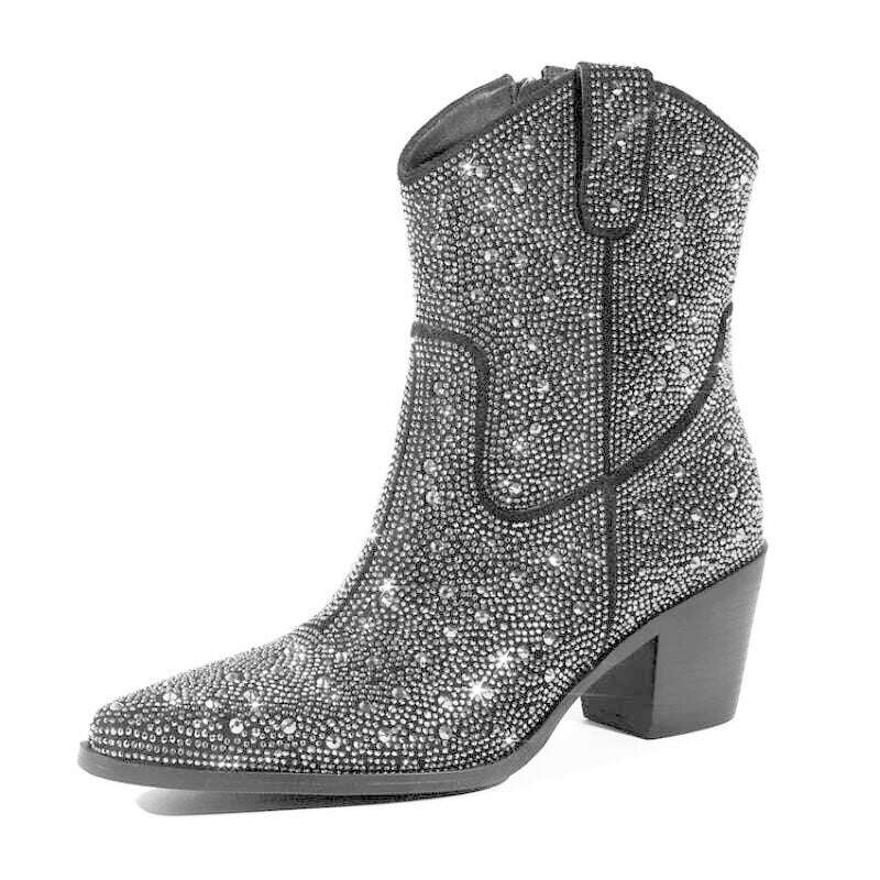 KIMLUD, Brand silvery Rhinestone Color Blocking Western Short Boots Autumn Winter New 7cm Thick Heel Black Chelsea Women Boots Size35-43, KIMLUD Womens Clothes