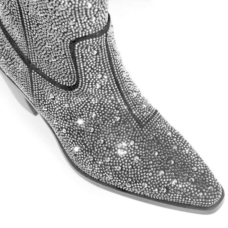 KIMLUD, Brand silvery Rhinestone Color Blocking Western Short Boots Autumn Winter New 7cm Thick Heel Black Chelsea Women Boots Size35-43, KIMLUD Womens Clothes