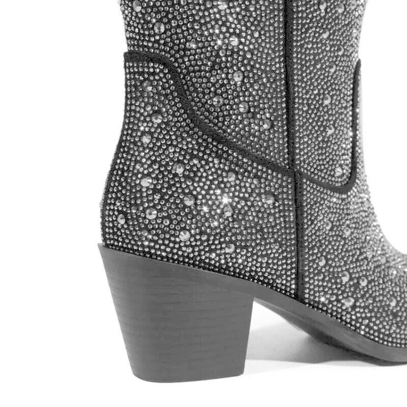 KIMLUD, Brand silvery Rhinestone Color Blocking Western Short Boots Autumn Winter New 7cm Thick Heel Black Chelsea Women Boots Size35-43, KIMLUD Womens Clothes