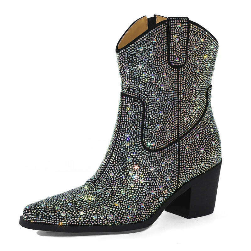 KIMLUD, Brand silvery Rhinestone Color Blocking Western Short Boots Autumn Winter New 7cm Thick Heel Black Chelsea Women Boots Size35-43, YFY147-B26 black / 35, KIMLUD Womens Clothes