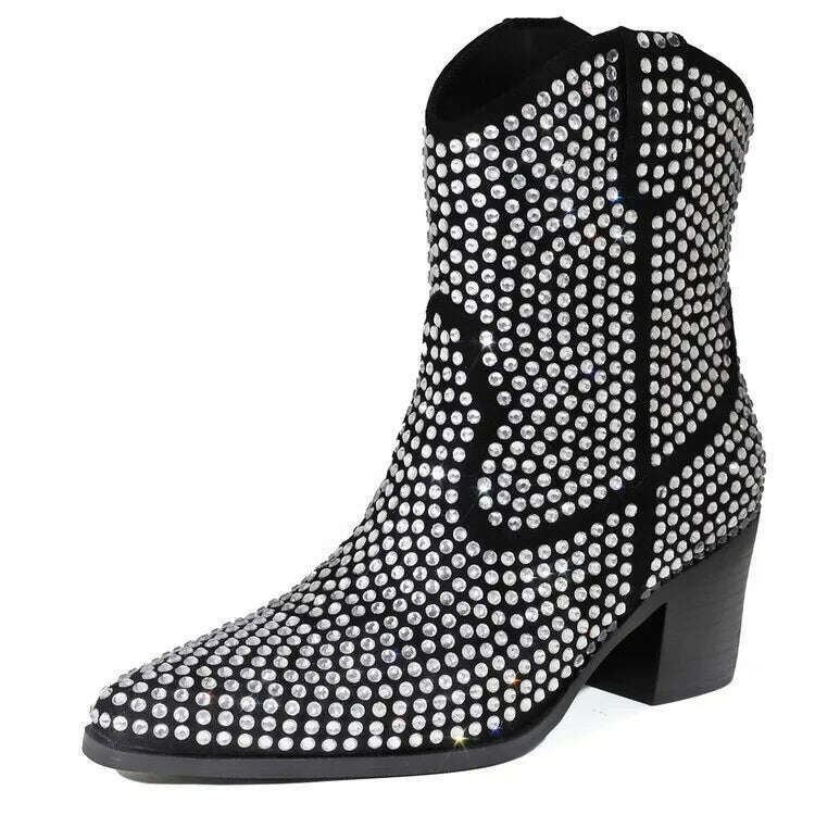 KIMLUD, Brand silvery Rhinestone Color Blocking Western Short Boots Autumn Winter New 7cm Thick Heel Black Chelsea Women Boots Size35-43, 138A-308A20black / 35, KIMLUD Womens Clothes