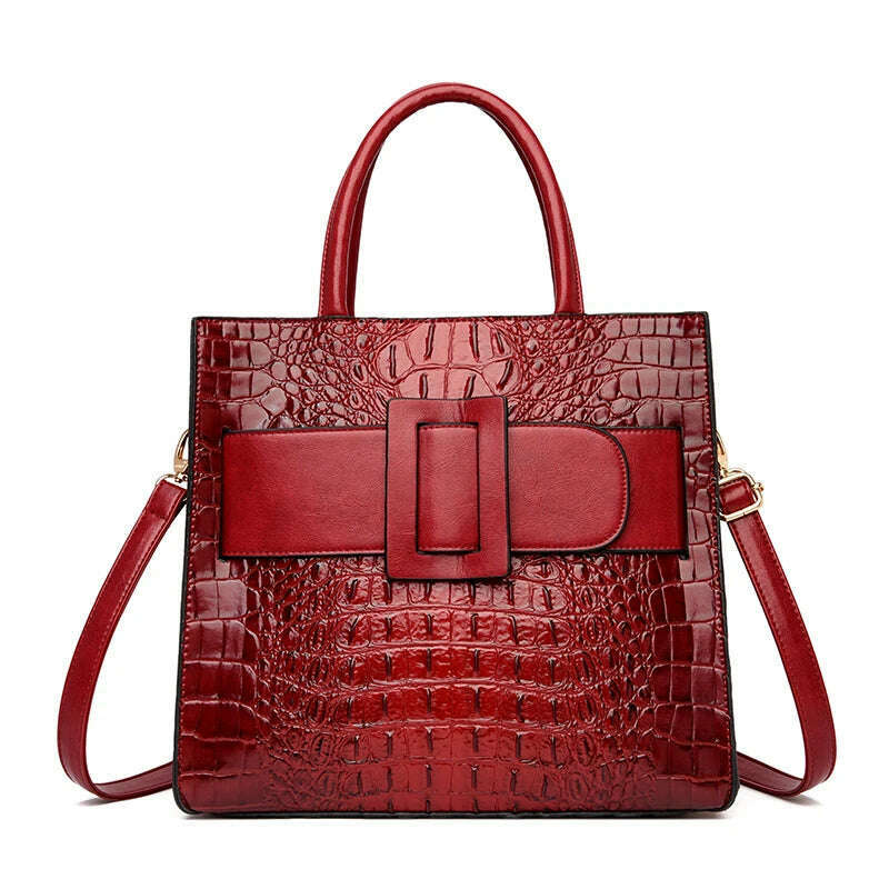 KIMLUD, Brand Women Crocodile Handbag Luxury Belt Handbags Women Leather Shoulder Bags Designer Crossbody Bags Female Retro Tote Handbag, Red / (30cm<Max Length<50cm), KIMLUD Womens Clothes