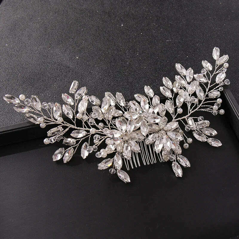 KIMLUD, Bridal Rhinestone Crystal Flower Wedding Hair Accessory Party Headpiece Women Large Hair Combs, Silver, KIMLUD Womens Clothes