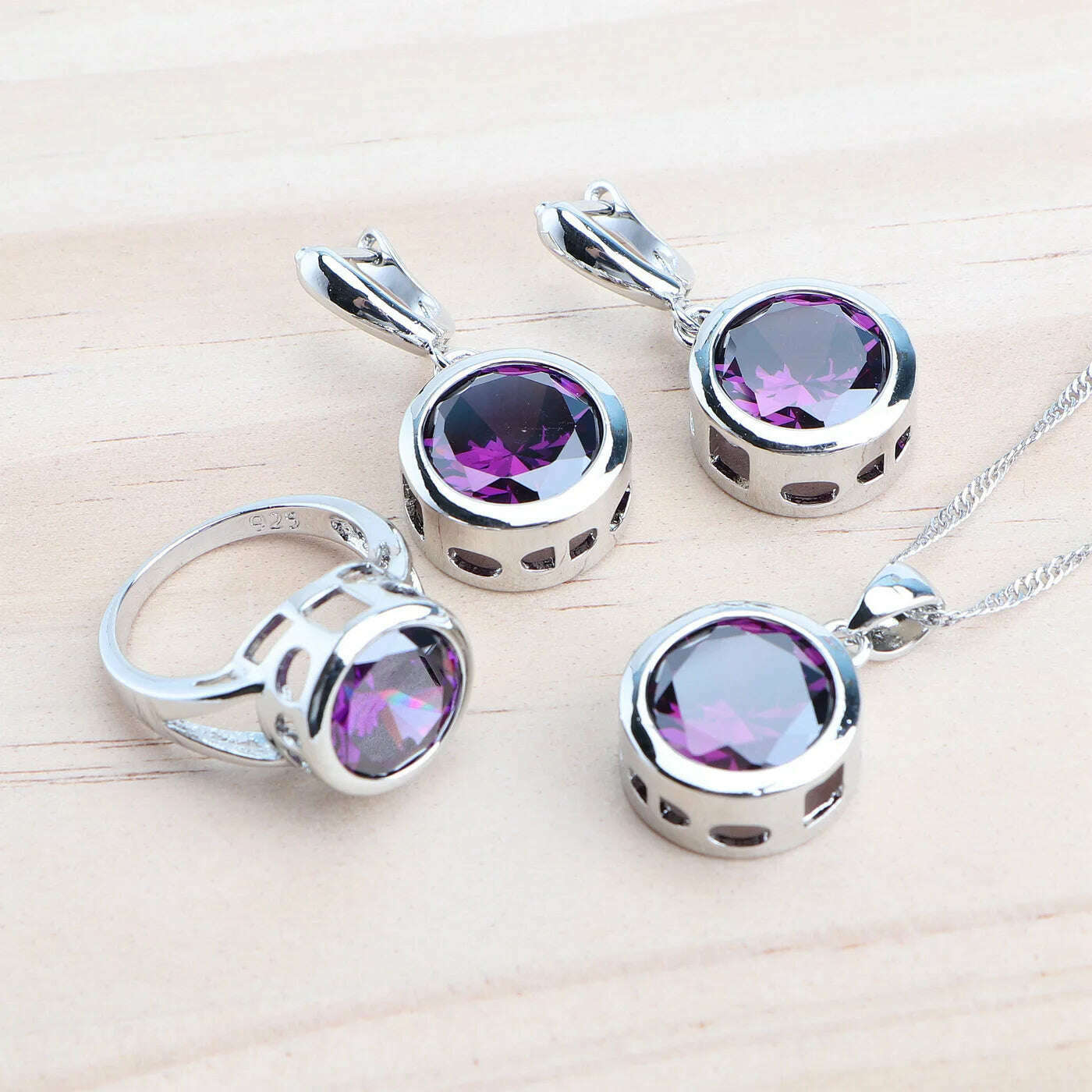 KIMLUD, Bridal Silver 925 Jewelry Sets For Women Wedding Jewelry Ladies Purple Zircon Rings Bracelets Set Earrings Pendant Necklace, 3PCS-Purple / 6, KIMLUD Women's Clothes