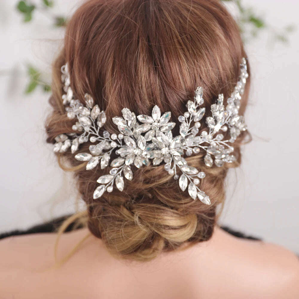 Bridal Vintage Silver Full Rhinestones Big Hair Comb Bridal Shinny Pearls and Crystals Comb Headpiece Bridal Hair Piece Wedding - KIMLUD