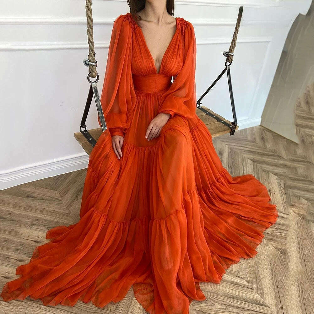 Bridalaffair Pleat Tulle Princess Prom Gown V-Neck Long Puff Sleeve Plus Size Evening Gown Elegant Dress Women for Wedding Party - KIMLUD