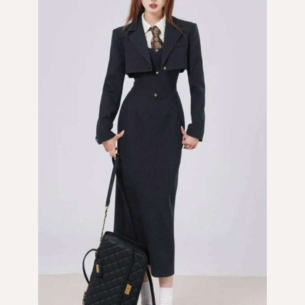 KIMLUD, British Style 3 Piece Dress Set Women Long Sleeve Chic Coat + White Stripe Shirt + Casual Long Dress Elegant Office Lady Suits, KIMLUD Womens Clothes