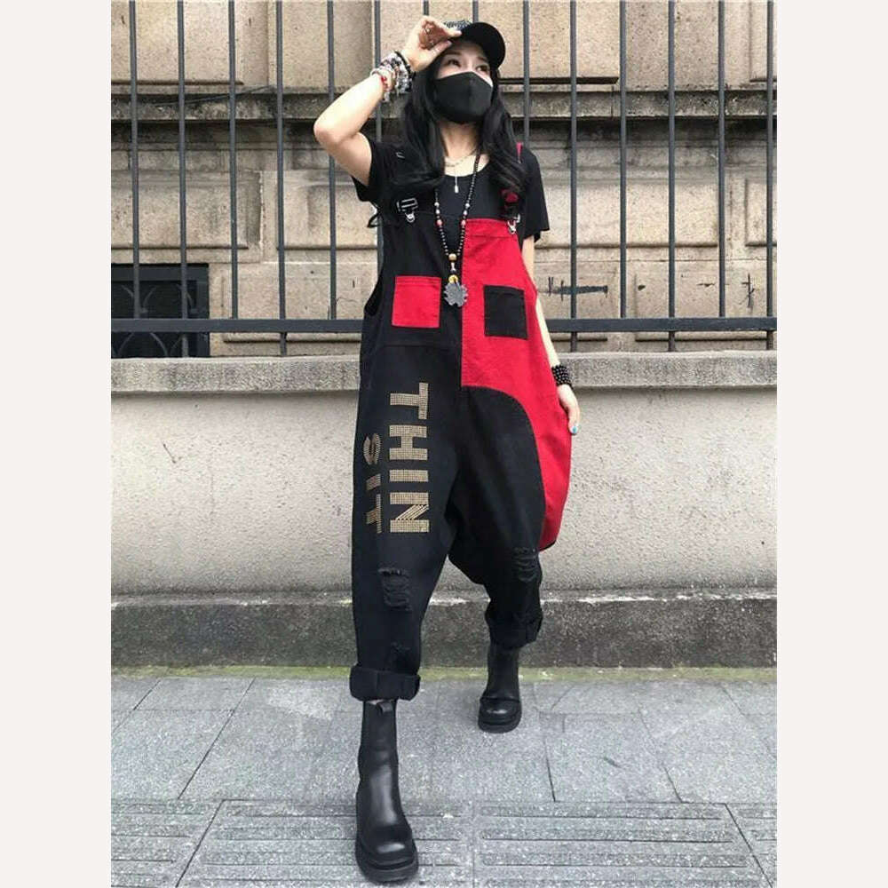 British Style Letter Print Jumpsuits New Female Retro Overalls Women Casual Loose Jeans Punk Harajuku Rompers Combinaison Femme - KIMLUD