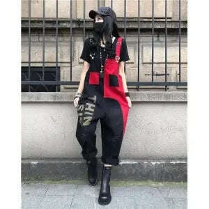 British Style Letter Print Jumpsuits New Female Retro Overalls Women Casual Loose Jeans Punk Harajuku Rompers Combinaison Femme - KIMLUD