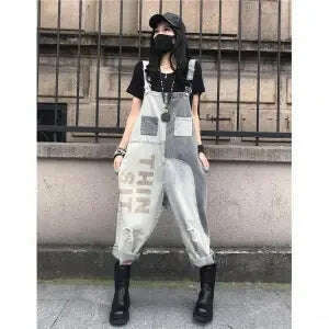 KIMLUD, British Style Letter Print Jumpsuits New Female Retro Overalls Women Casual Loose Jeans Punk Harajuku Rompers Combinaison Femme, KIMLUD Womens Clothes