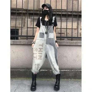 British Style Letter Print Jumpsuits New Female Retro Overalls Women Casual Loose Jeans Punk Harajuku Rompers Combinaison Femme - KIMLUD