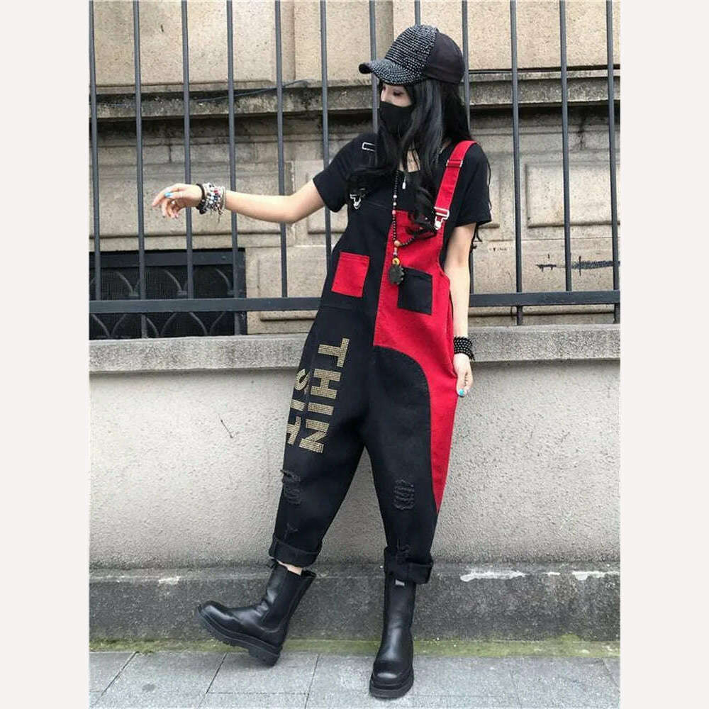 British Style Letter Print Jumpsuits New Female Retro Overalls Women Casual Loose Jeans Punk Harajuku Rompers Combinaison Femme - KIMLUD
