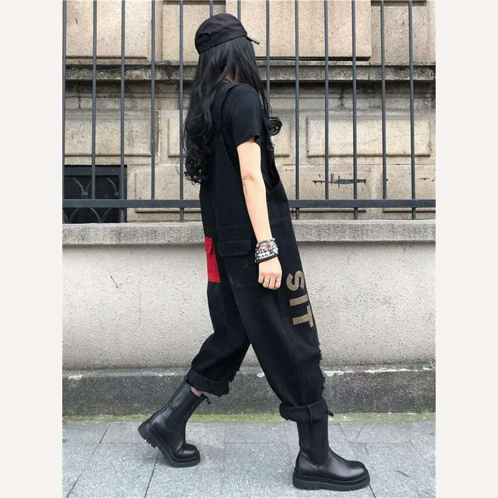 British Style Letter Print Jumpsuits New Female Retro Overalls Women Casual Loose Jeans Punk Harajuku Rompers Combinaison Femme - KIMLUD