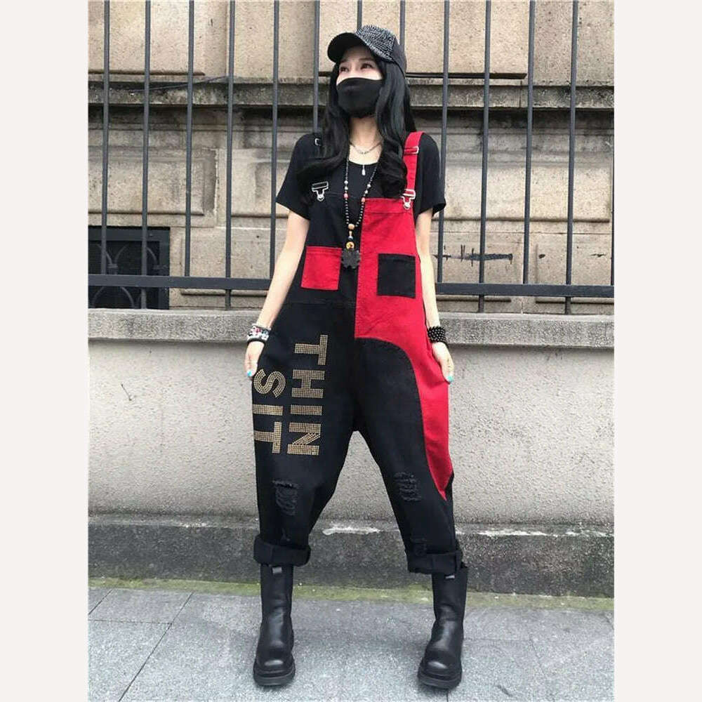 British Style Letter Print Jumpsuits New Female Retro Overalls Women Casual Loose Jeans Punk Harajuku Rompers Combinaison Femme - KIMLUD
