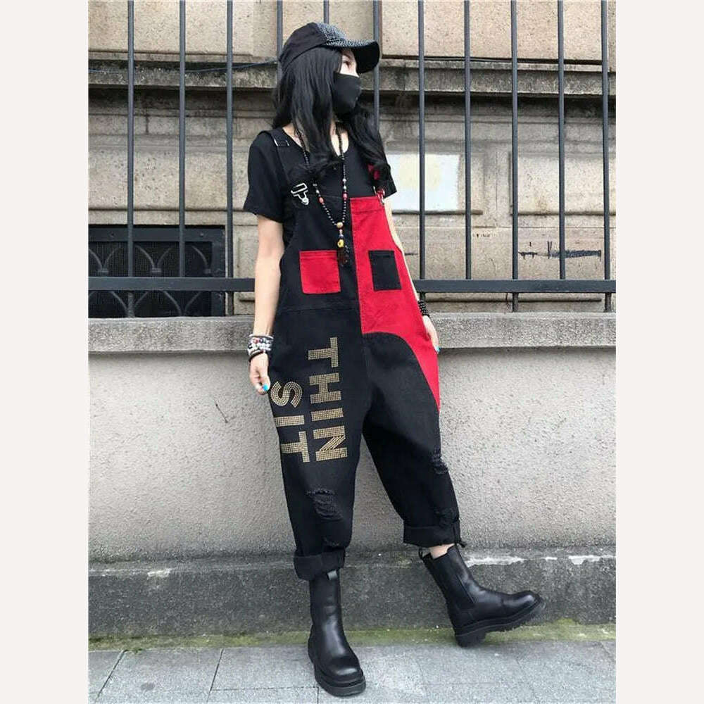 British Style Letter Print Jumpsuits New Female Retro Overalls Women Casual Loose Jeans Punk Harajuku Rompers Combinaison Femme - KIMLUD