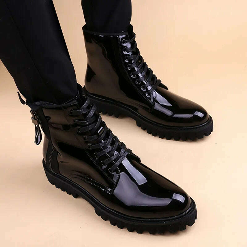 KIMLUD, British style men luxury fashion bright patent leather boots black platform shoes designer ankle boot cowboy botas zapato hombre, black without cotton / 6.5 / CHINA, KIMLUD Womens Clothes