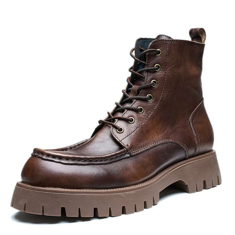 KIMLUD, British Style Retro Chunky Bottom Platform Sewing Cross-tied Full Grain Leather Men High Top Short Work Safety Boots 2307, Coffee / 6, KIMLUD Womens Clothes
