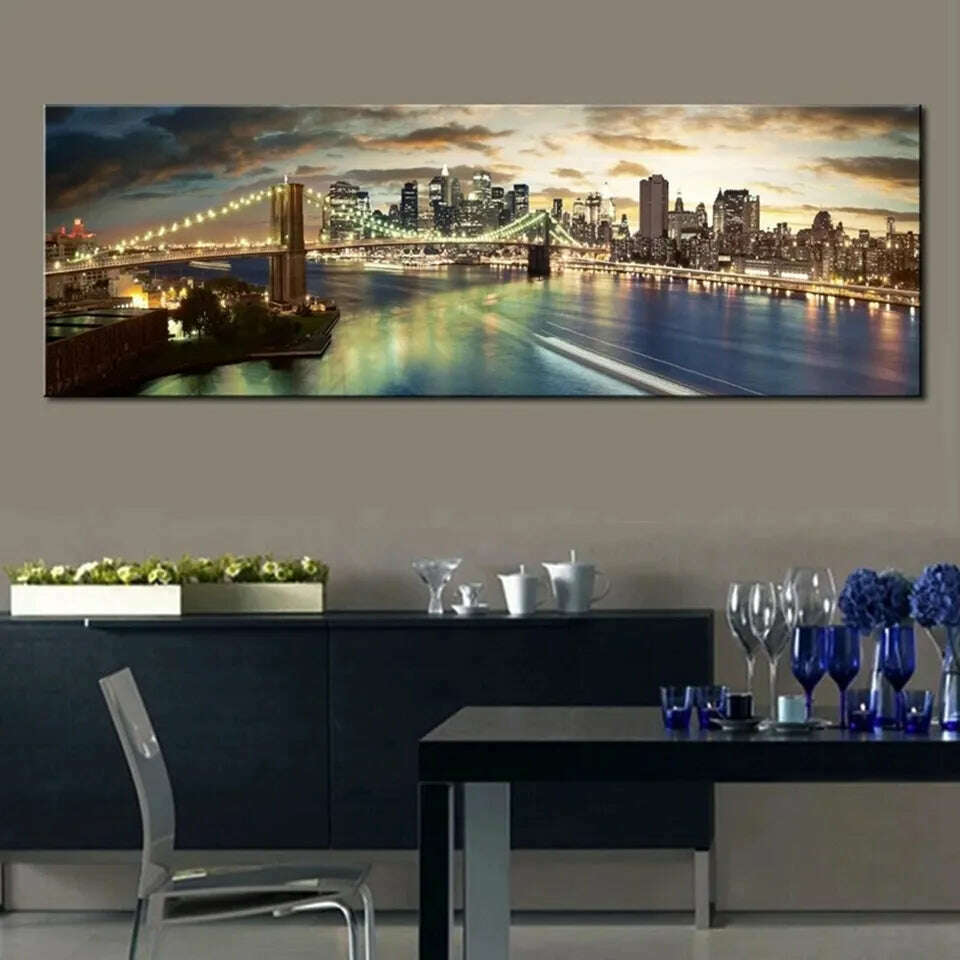 KIMLUD, Brooklyn Bridge Night View Diamond Painting New York City Landscape 5D Full Diamond Embroidery Pictures for Bed Room Decor Gift, Square 20x60cm, KIMLUD Women's Clothes
