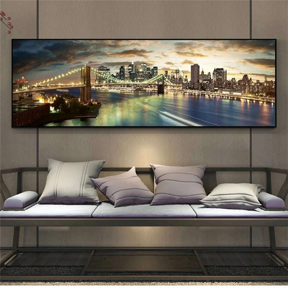 KIMLUD, Brooklyn Bridge Night View Diamond Painting New York City Landscape 5D Full Diamond Embroidery Pictures for Bed Room Decor Gift, KIMLUD Womens Clothes