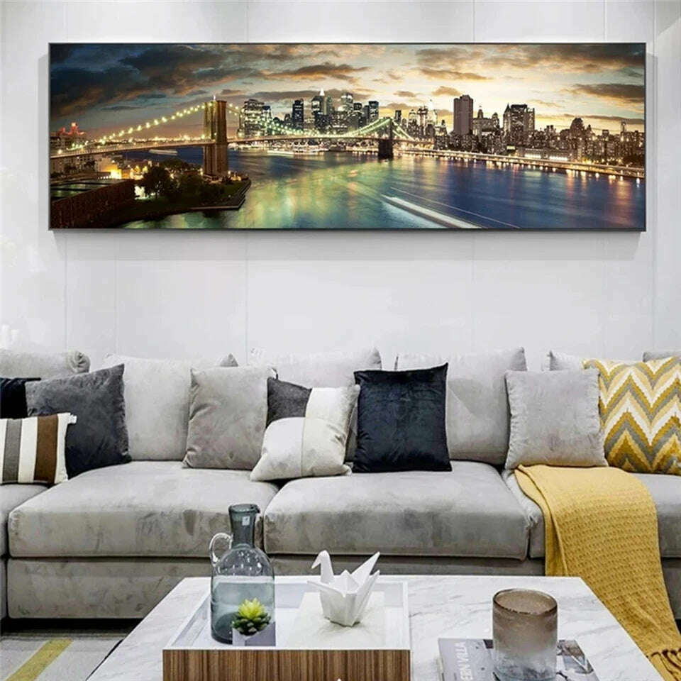 KIMLUD, Brooklyn Bridge Night View Diamond Painting New York City Landscape 5D Full Diamond Embroidery Pictures for Bed Room Decor Gift, KIMLUD Womens Clothes