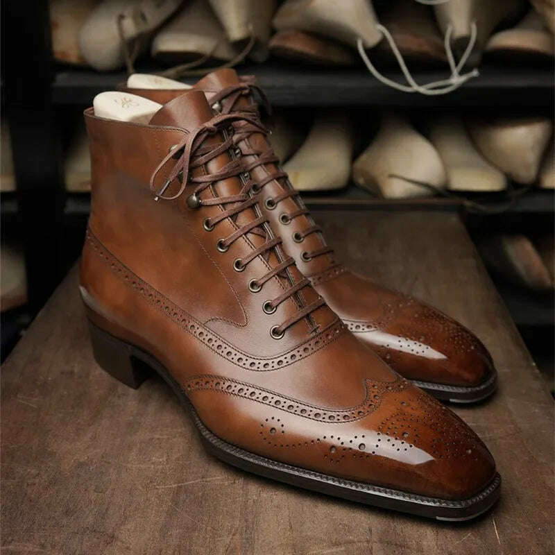 KIMLUD, Brown Brogue Men Short Boots  Lace-up Ankle Handmade Square Toe Motorcycle Boots Free Shipping with Men Boots Zapatos Hombre, KIMLUD Womens Clothes