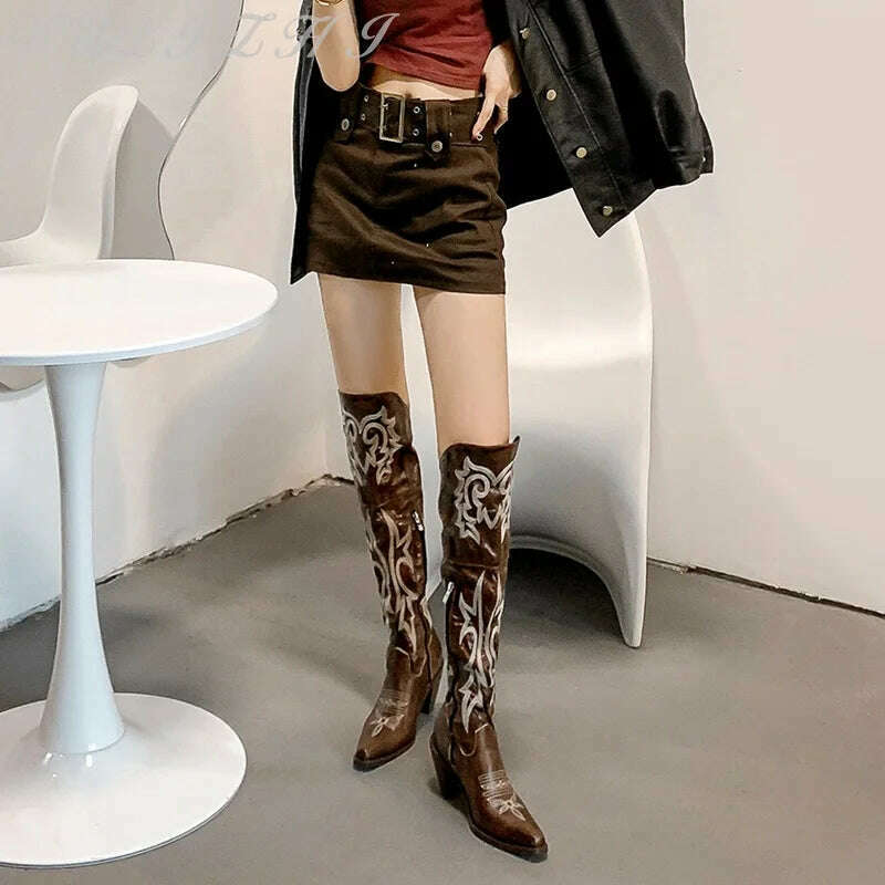 KIMLUD, Brown Embroidered Over-The-Knee Boots Women's Thick High Heel Western Cowboy Boots Zipper Totem Sexy Female Boots 2023 Winter, KIMLUD Womens Clothes