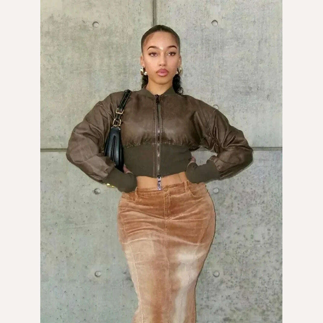 KIMLUD, Brown Jackets Women Autumn Winter Stand Collar Zip-up Cropped Tops Short Jackets Streetwear 2023 Casual PU Leather Outerwears, KIMLUD Womens Clothes