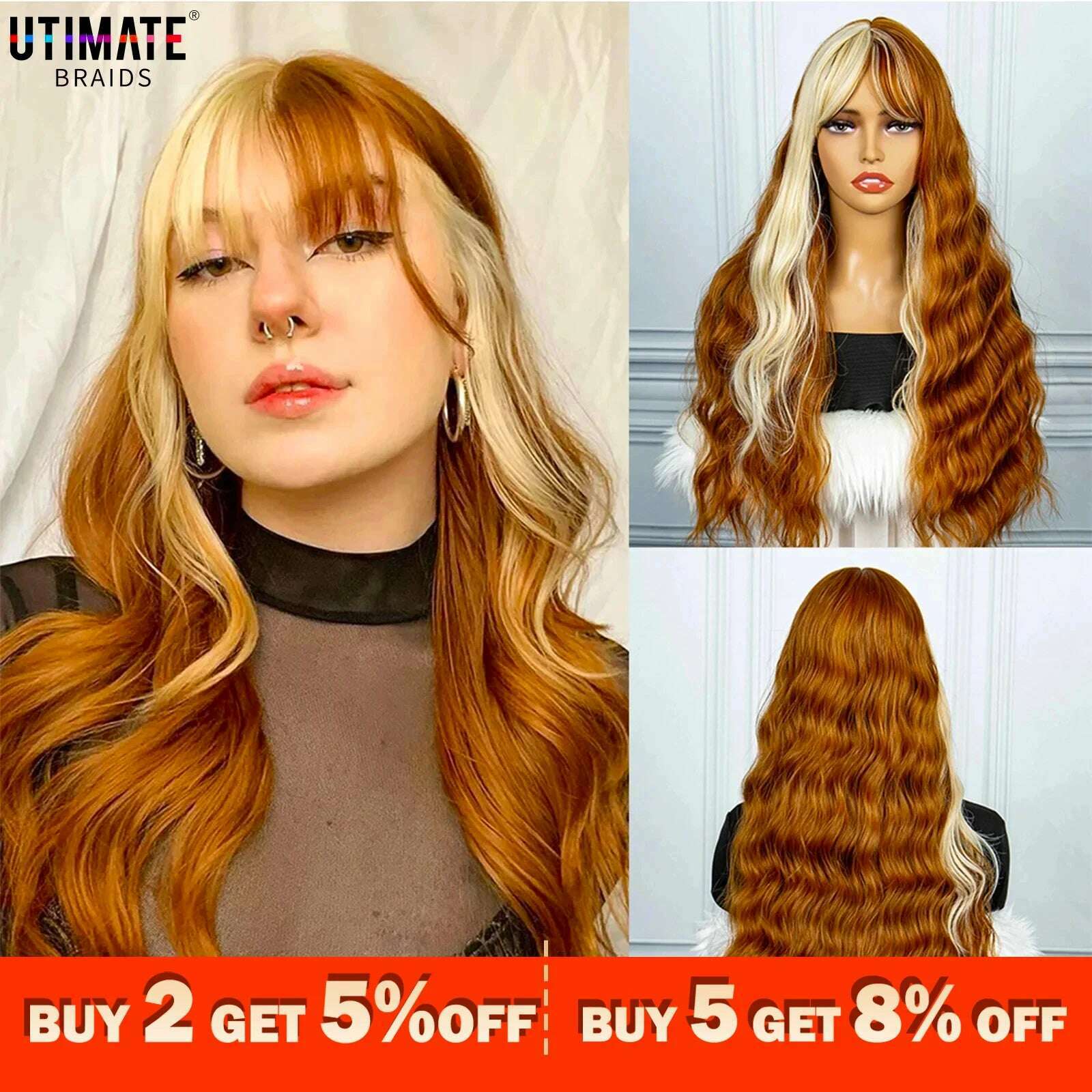 KIMLUD, Brown Mix Gold Synthetic Hair Long Wavy Wigs Heat Resistant Fiber Natural Hairline Middle Part For Woman Daily Use, KIMLUD Womens Clothes