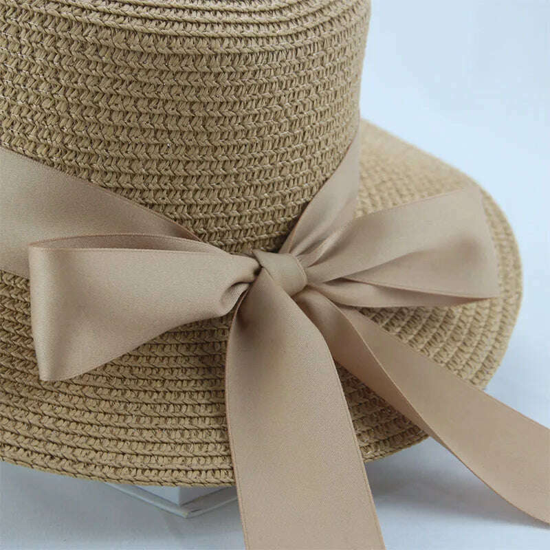 KIMLUD, Bucket Hat Beach Summer Straw Hats for Women Flat Top Ribbon Bowknot Elegant Luxury Straw Women Summer Hats Sombreros De Mujer, KIMLUD Womens Clothes