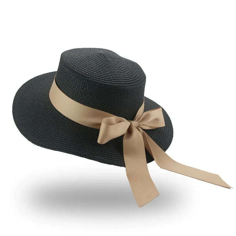 KIMLUD, Bucket Hat Beach Summer Straw Hats for Women Flat Top Ribbon Bowknot Elegant Luxury Straw Women Summer Hats Sombreros De Mujer, KIMLUD Womens Clothes