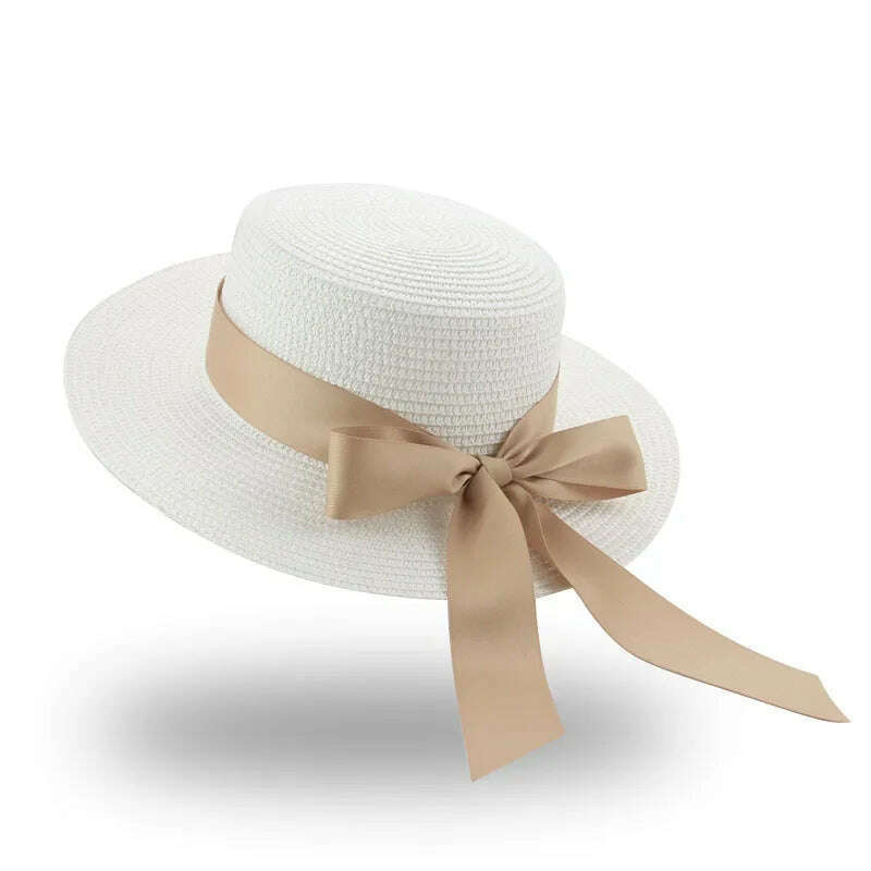 Bucket Hat Beach Summer Straw Hats for Women Flat Top Ribbon Bowknot Elegant Luxury Straw Women Summer Hats Sombreros De Mujer - KIMLUD