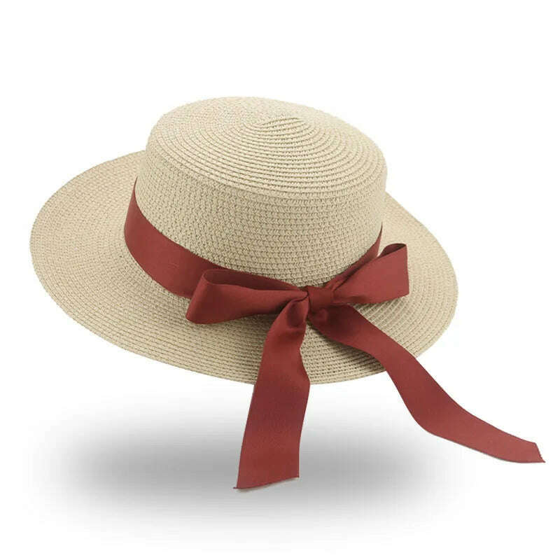 KIMLUD, Bucket Hat Beach Summer Straw Hats for Women Flat Top Ribbon Bowknot Elegant Luxury Straw Women Summer Hats Sombreros De Mujer, beige red / 56-58cm(adults), KIMLUD Womens Clothes