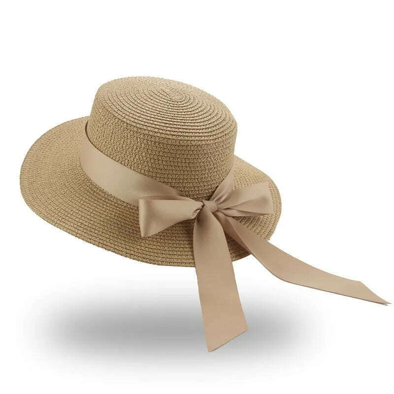 KIMLUD, Bucket Hat Beach Summer Straw Hats for Women Flat Top Ribbon Bowknot Elegant Luxury Straw Women Summer Hats Sombreros De Mujer, khaki gold / 56-58cm(adults), KIMLUD Womens Clothes