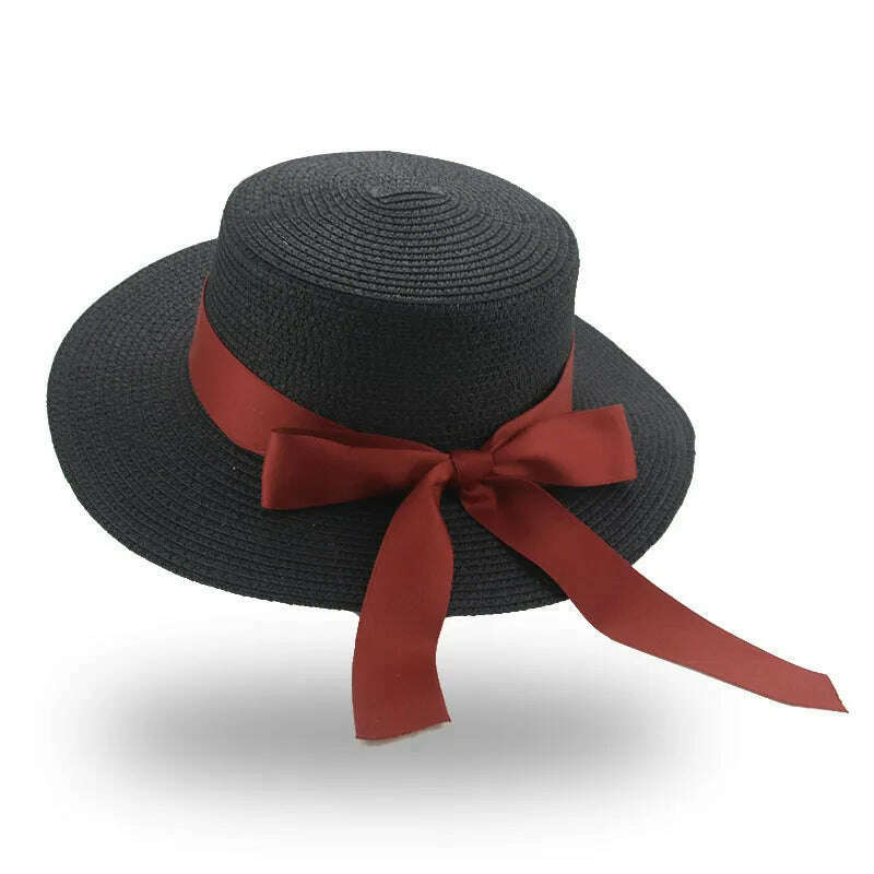 KIMLUD, Bucket Hat Beach Summer Straw Hats for Women Flat Top Ribbon Bowknot Elegant Luxury Straw Women Summer Hats Sombreros De Mujer, black red / 56-58cm(adults), KIMLUD Womens Clothes